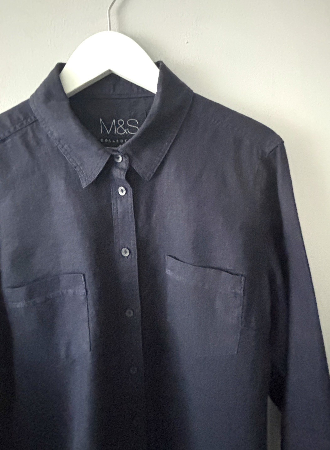 M&S Collection Pure Linen Blouse Shirt Women’s Size UK 14 Navy Roll Tab Sleeve