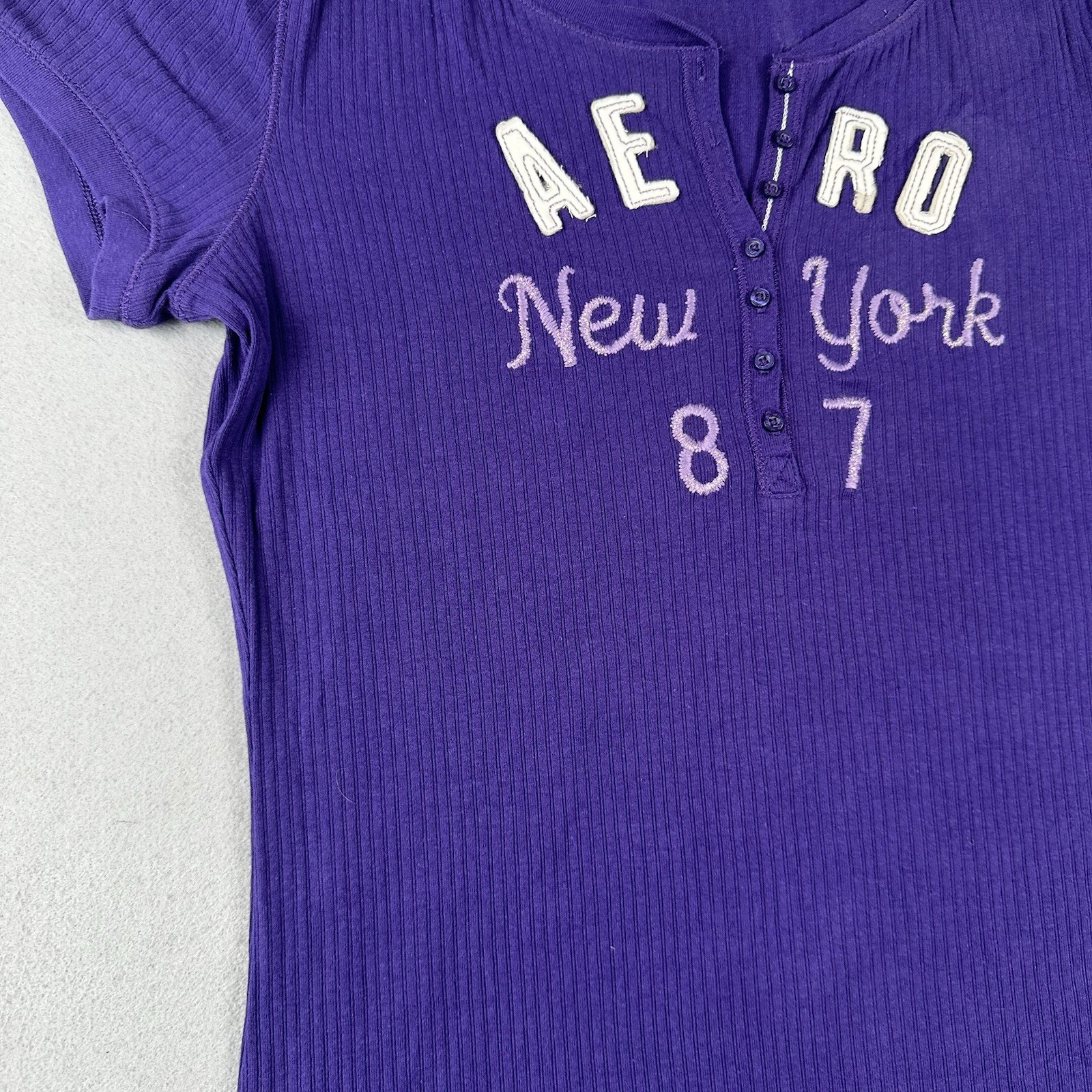 Y2K Aeropostale Ribbed Henley Short Sleeve Shirt Women’s 2XL Purple Stretch Aero