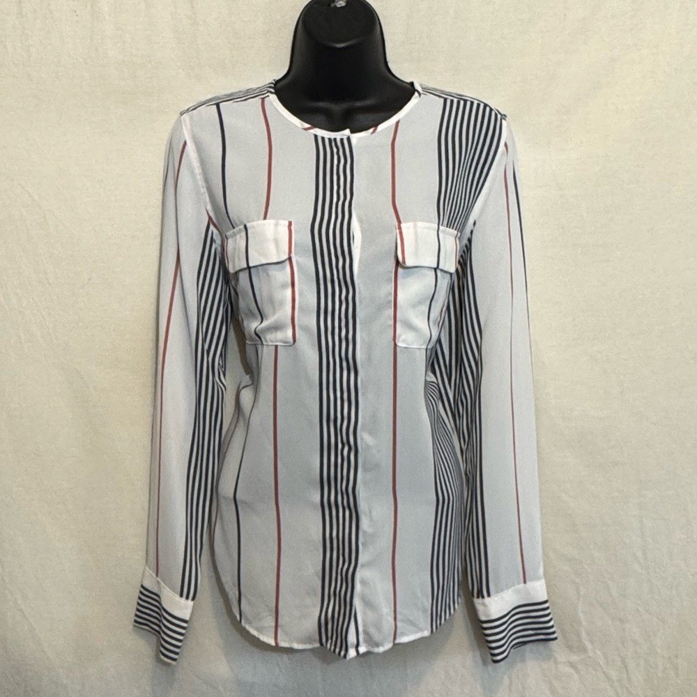 I-27 WhoWhatWear White Red & Black Stripe Long Sleeve Button Down Blouse Size M