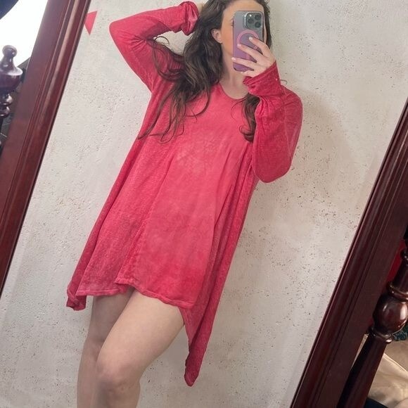 Johnny Was Pete & Greta 100% Linen Red long Sleeve Top Size Small Boho Lagenlook