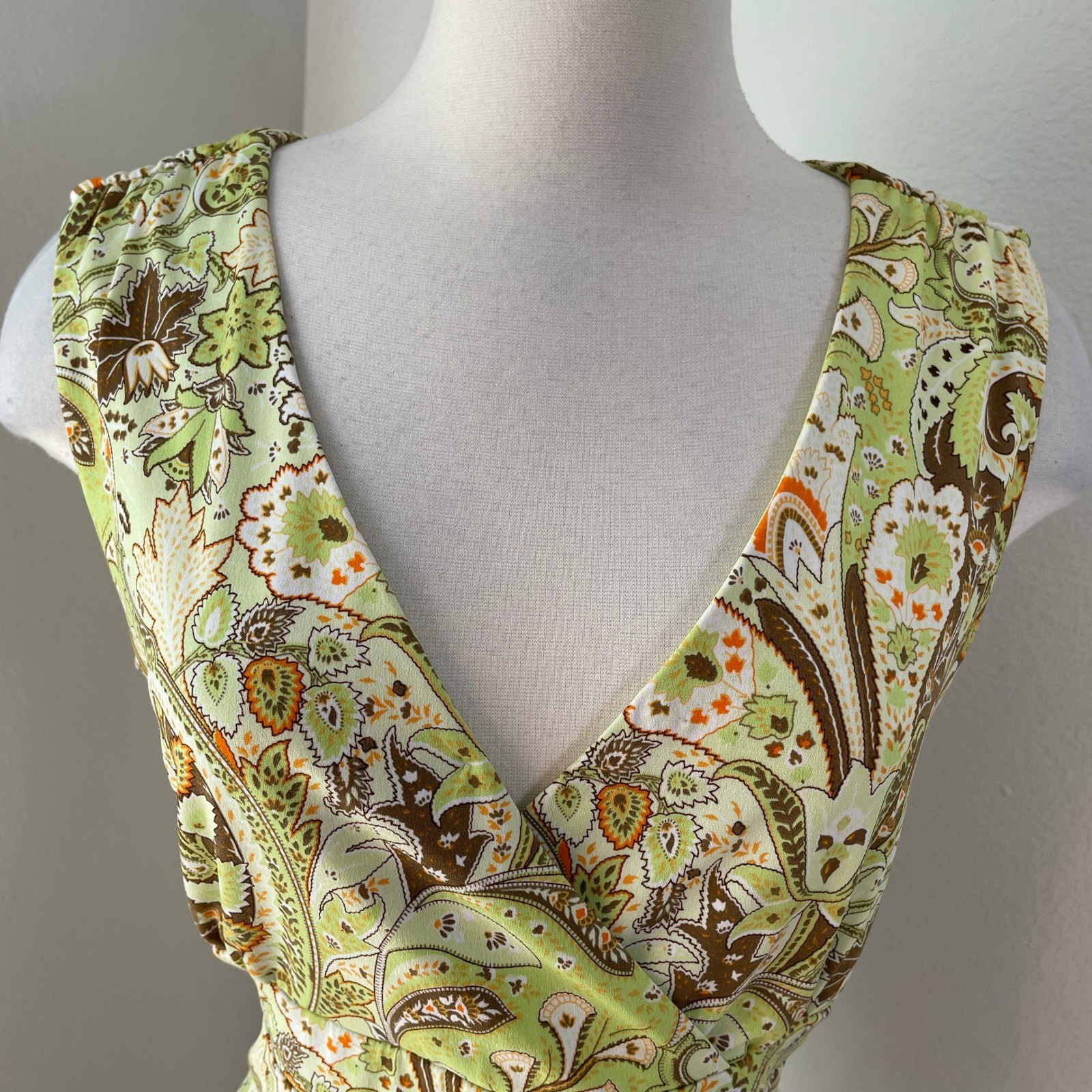 Vintage Y2K J.T.B. Womens Large Lime Green Paisley Floral V Neck Blouse Top USA