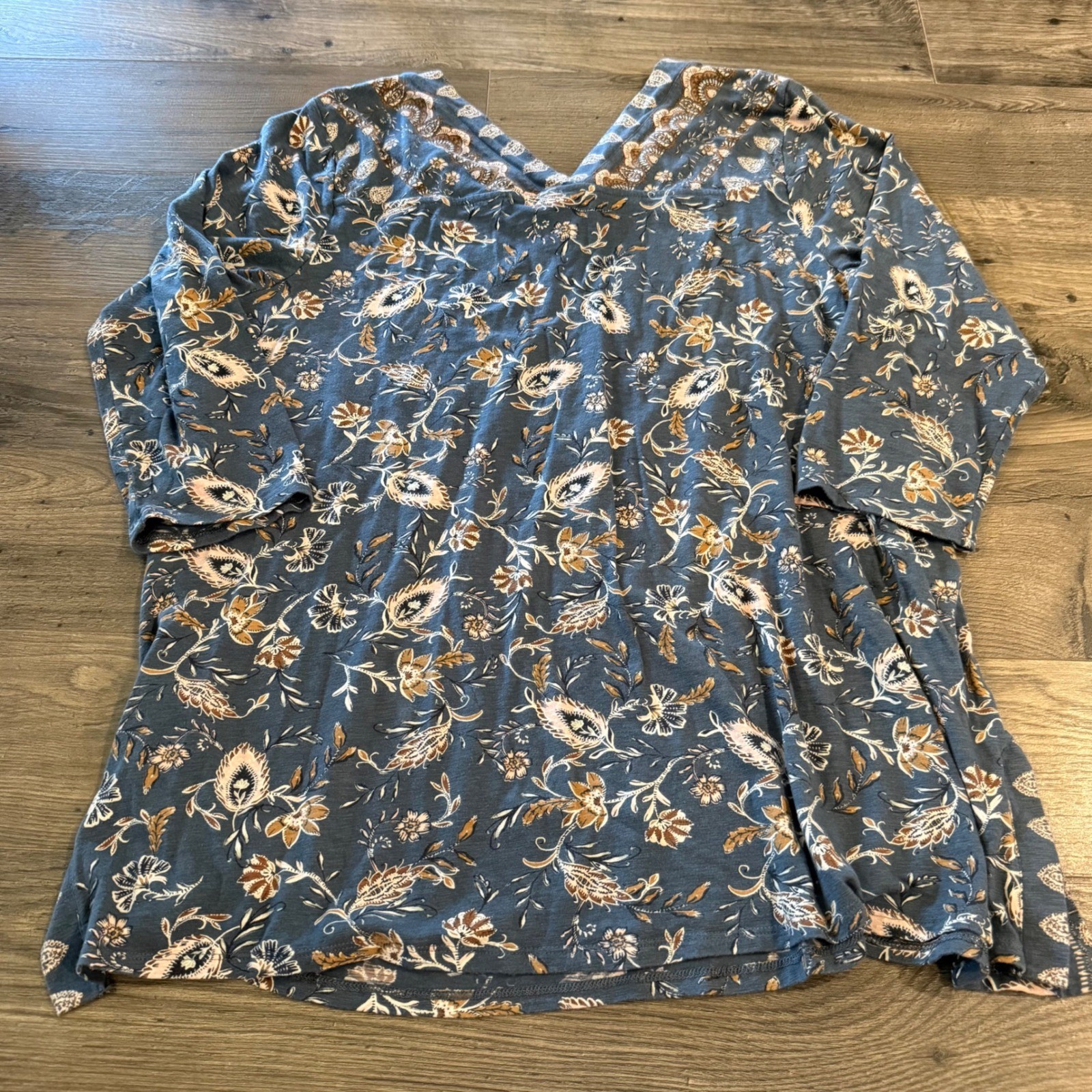 J. Jill Double-V Tunic Top Blue Smoke Jacobean Trail 3/4 Sleeve Size Large