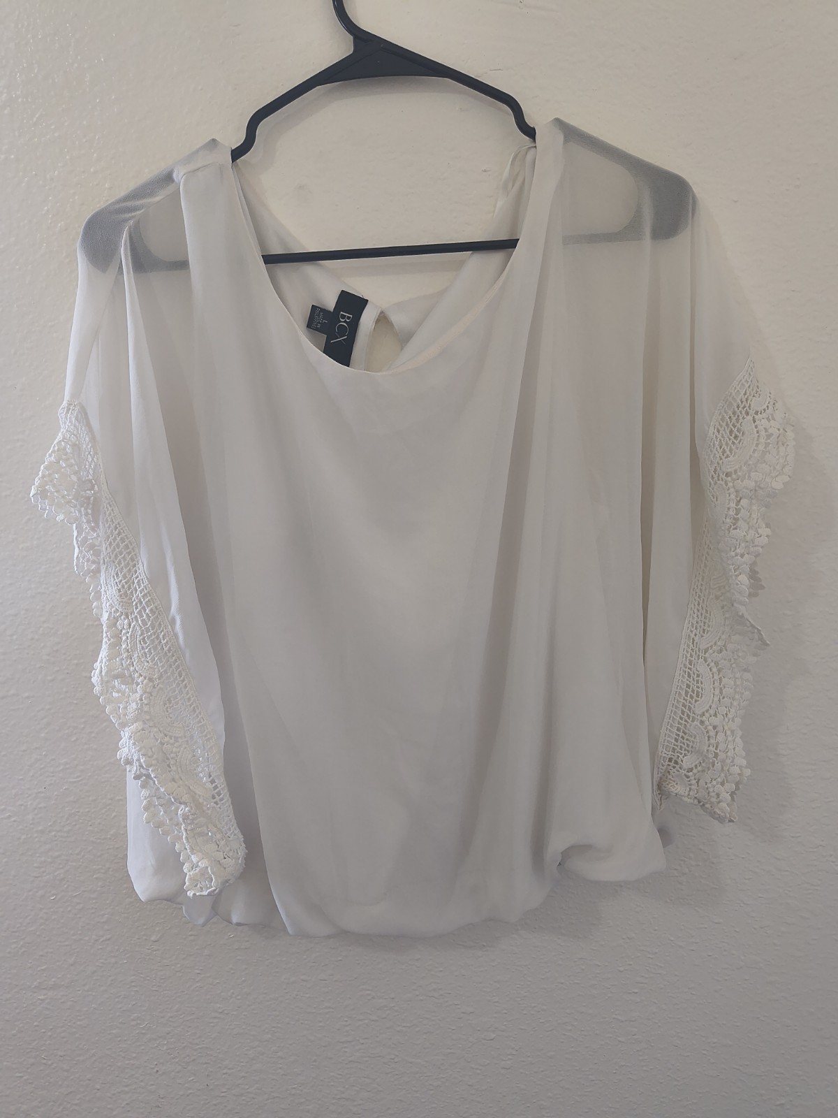 BCX Women’s White Sheer Chiffon Lace Short Sleeve Round Neck Blouse L
