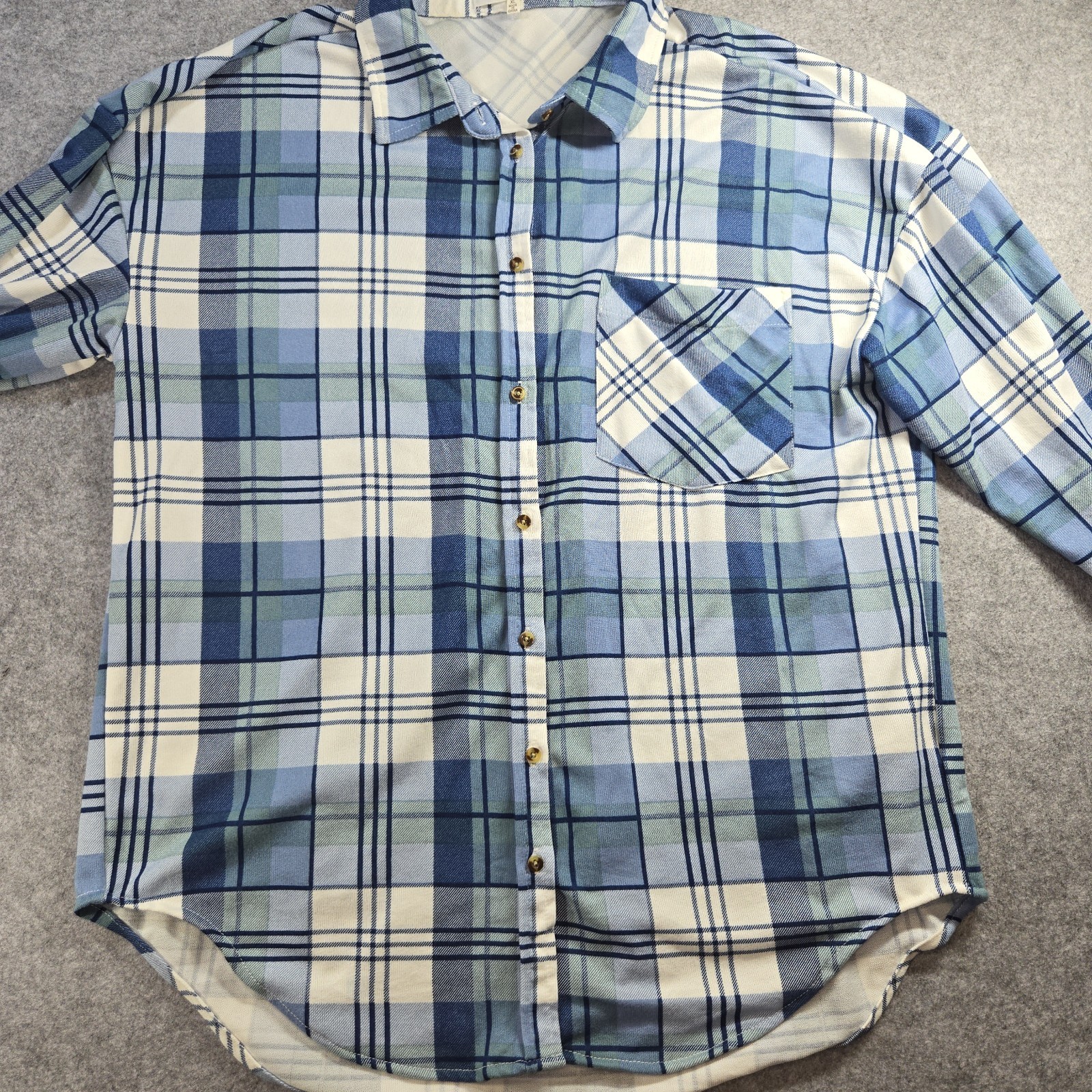 Eden & Olivia Blue White Plaid Cotton Button Front Shirt Oversized