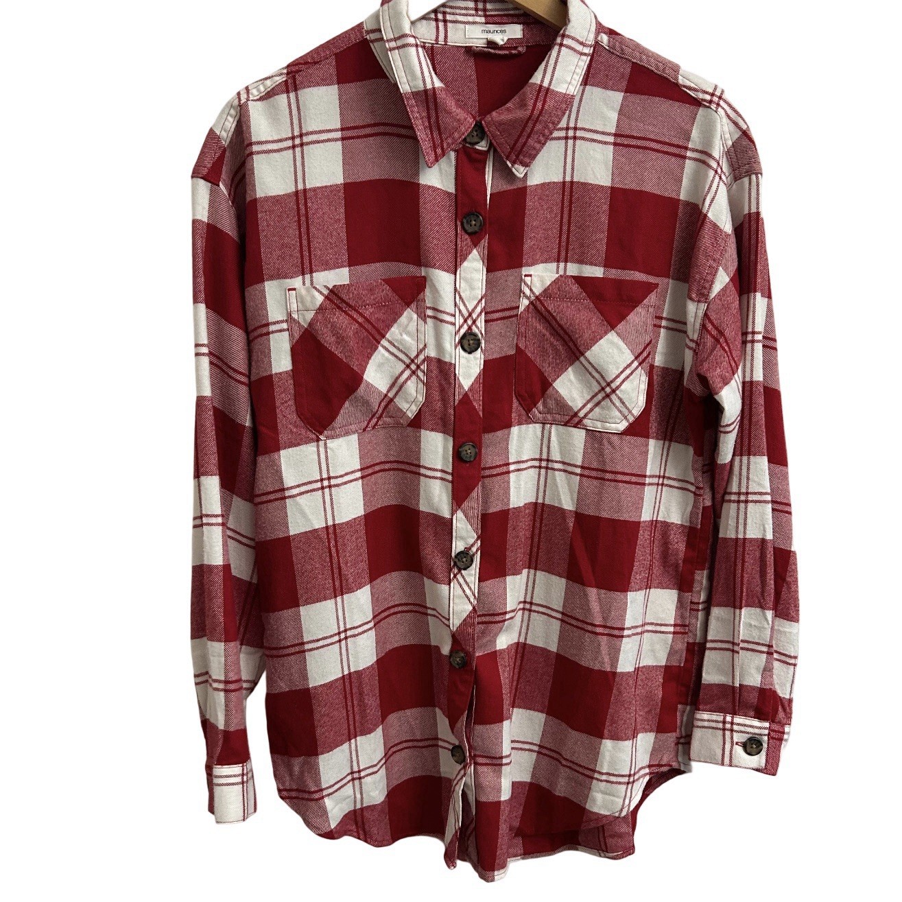 Maurice’s Plaid Button Up Shirt Womens Small Rayon Soft Red Cream Oversized
