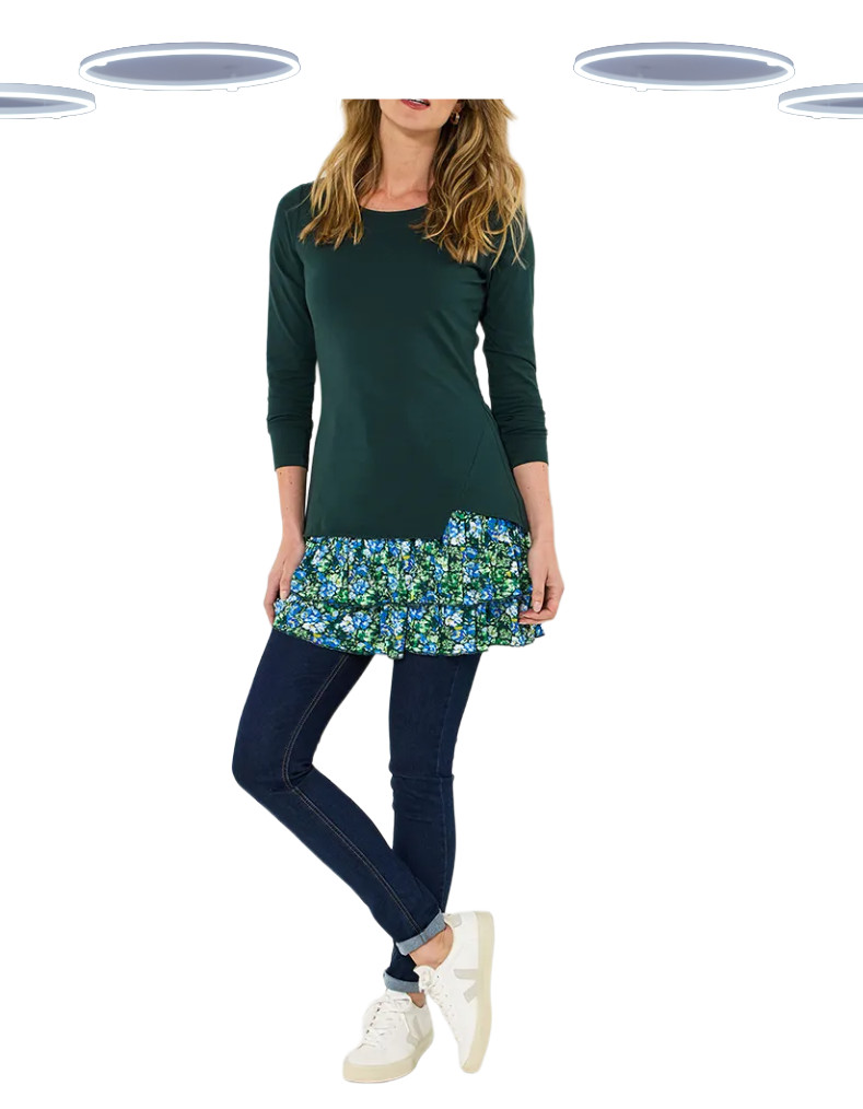 Ex Joe Browns Floral Tunic Top Green Jersey Long Sleeve Tiered Womens