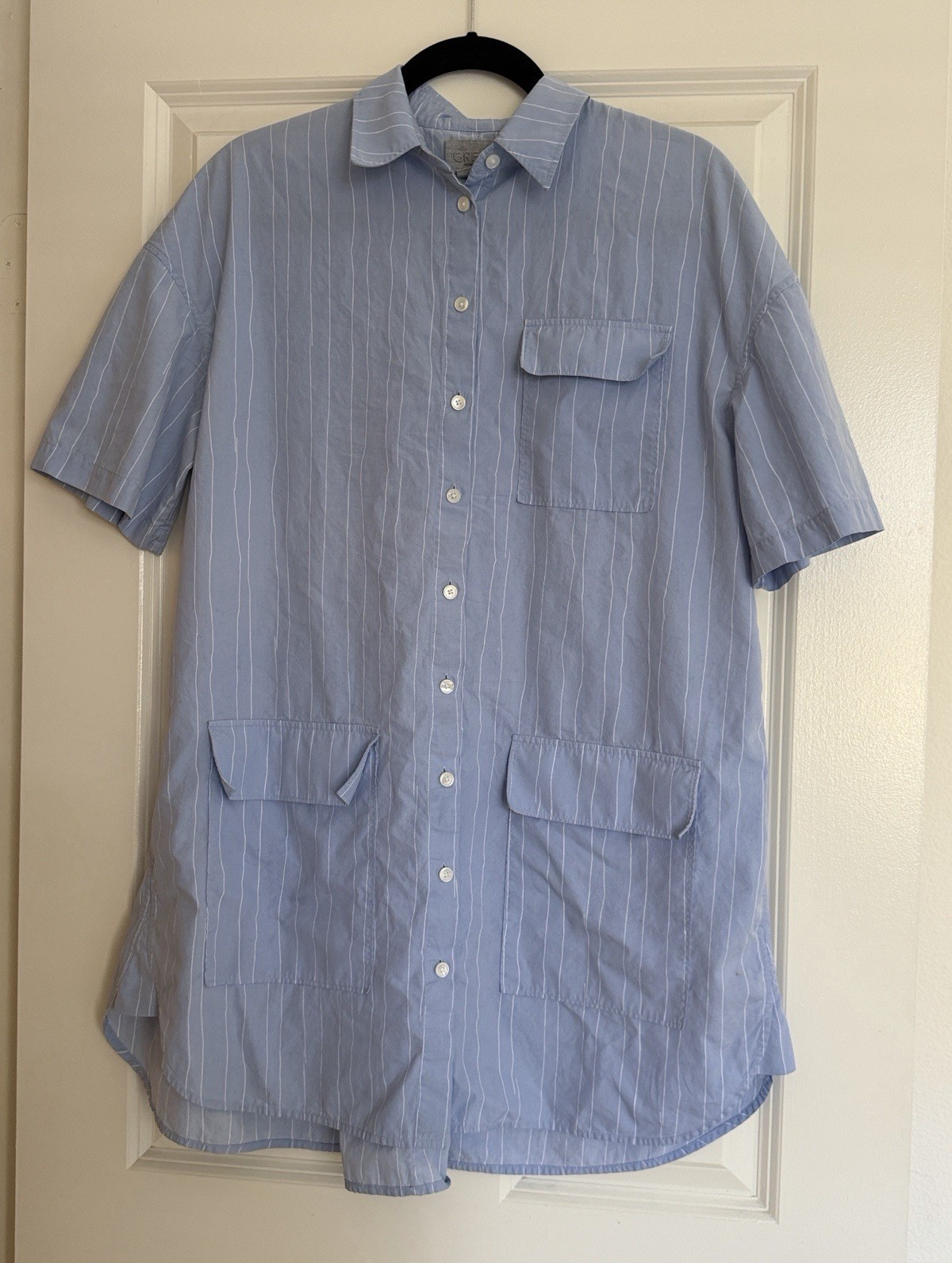 GREY Jason Wu Women’s Blue Striped Short Sleeve Woven Shirt Pockets Size 4