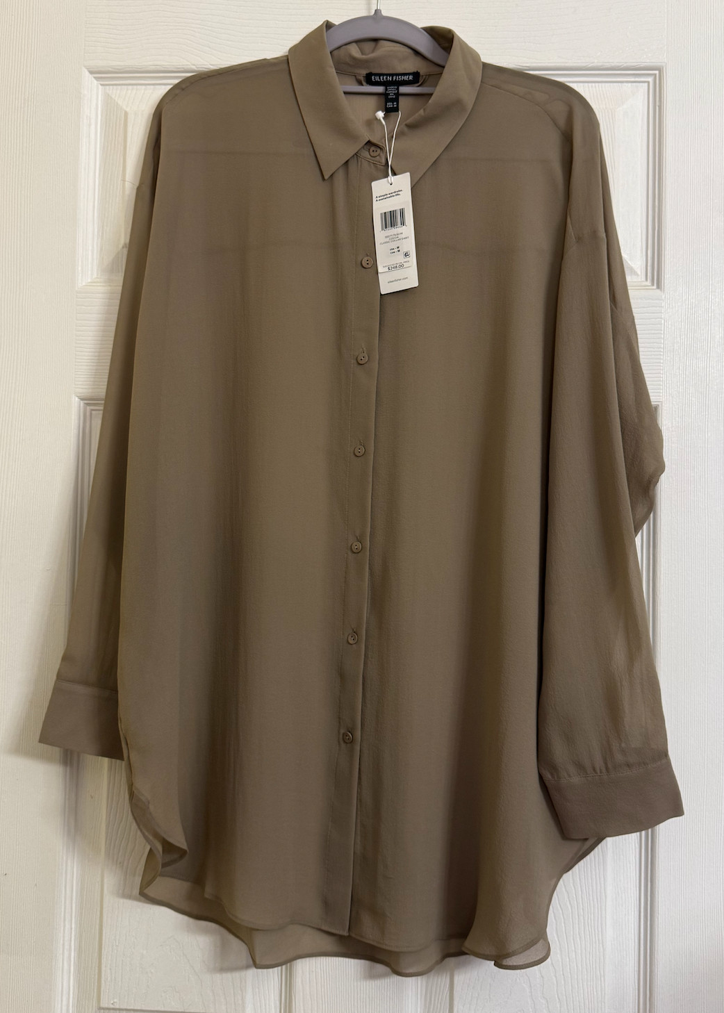 NWT $248 Eileen Fisher Cocoa Sheer Silk Georgette Classic Collar Shirt M L XL