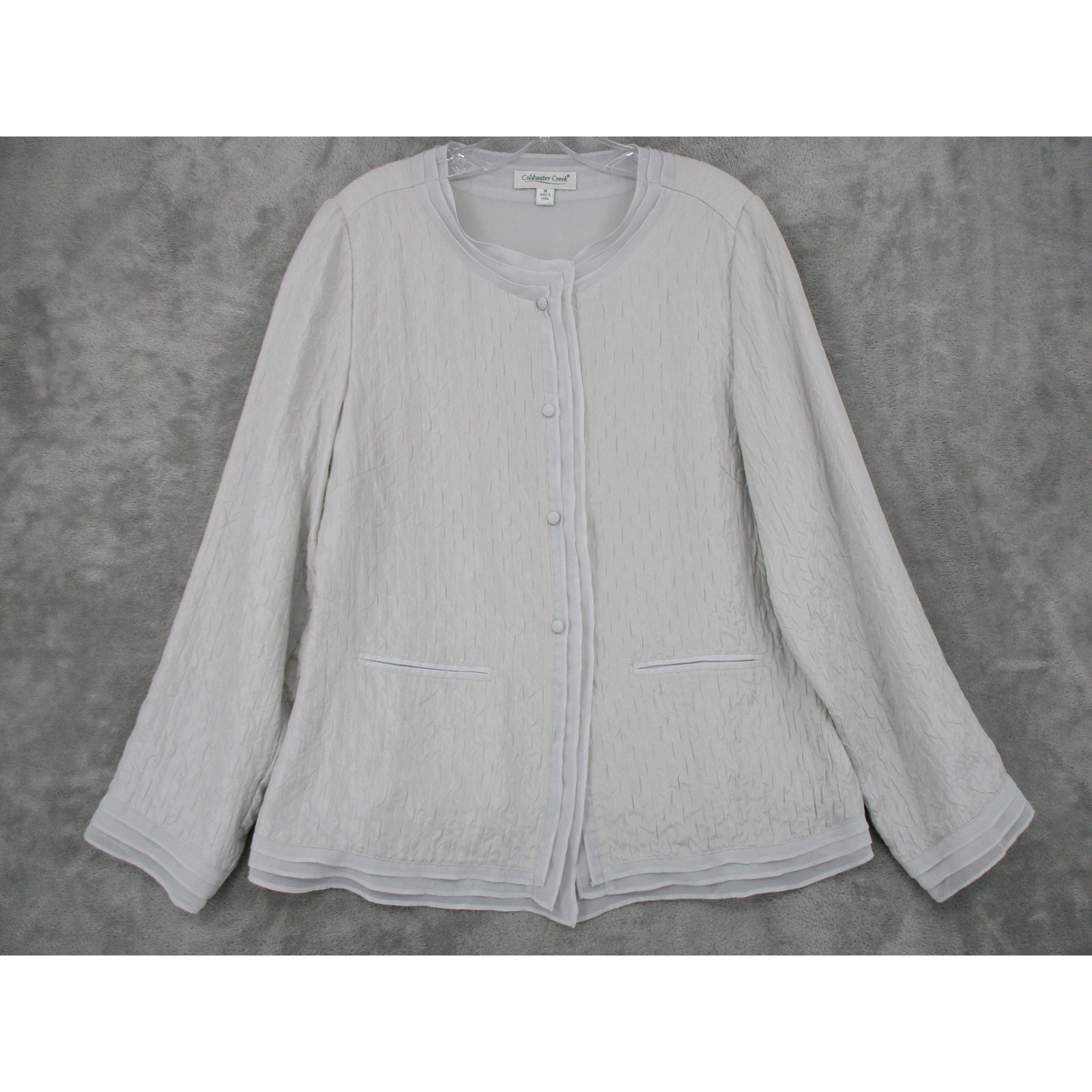 Coldwater Creek Blouse Womens Medium Silk Ruffle Jacket Lightweight Office Gray