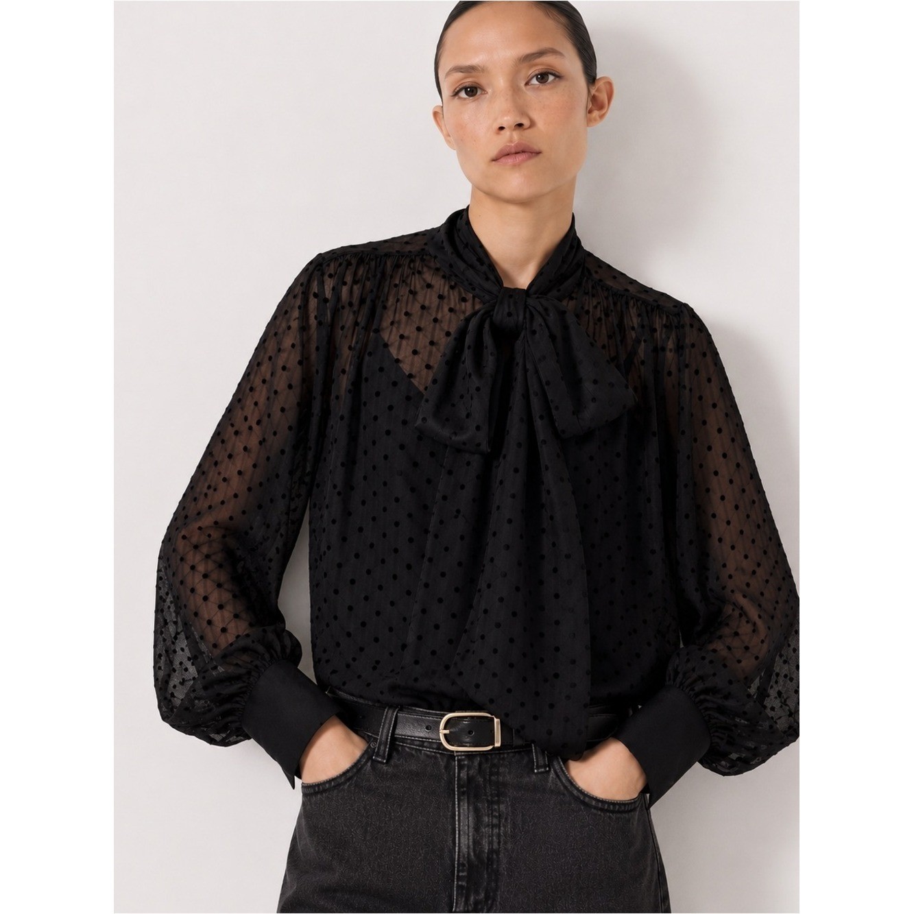 H&M Sheer Black Polka Dot Blouse with Bow Tie
