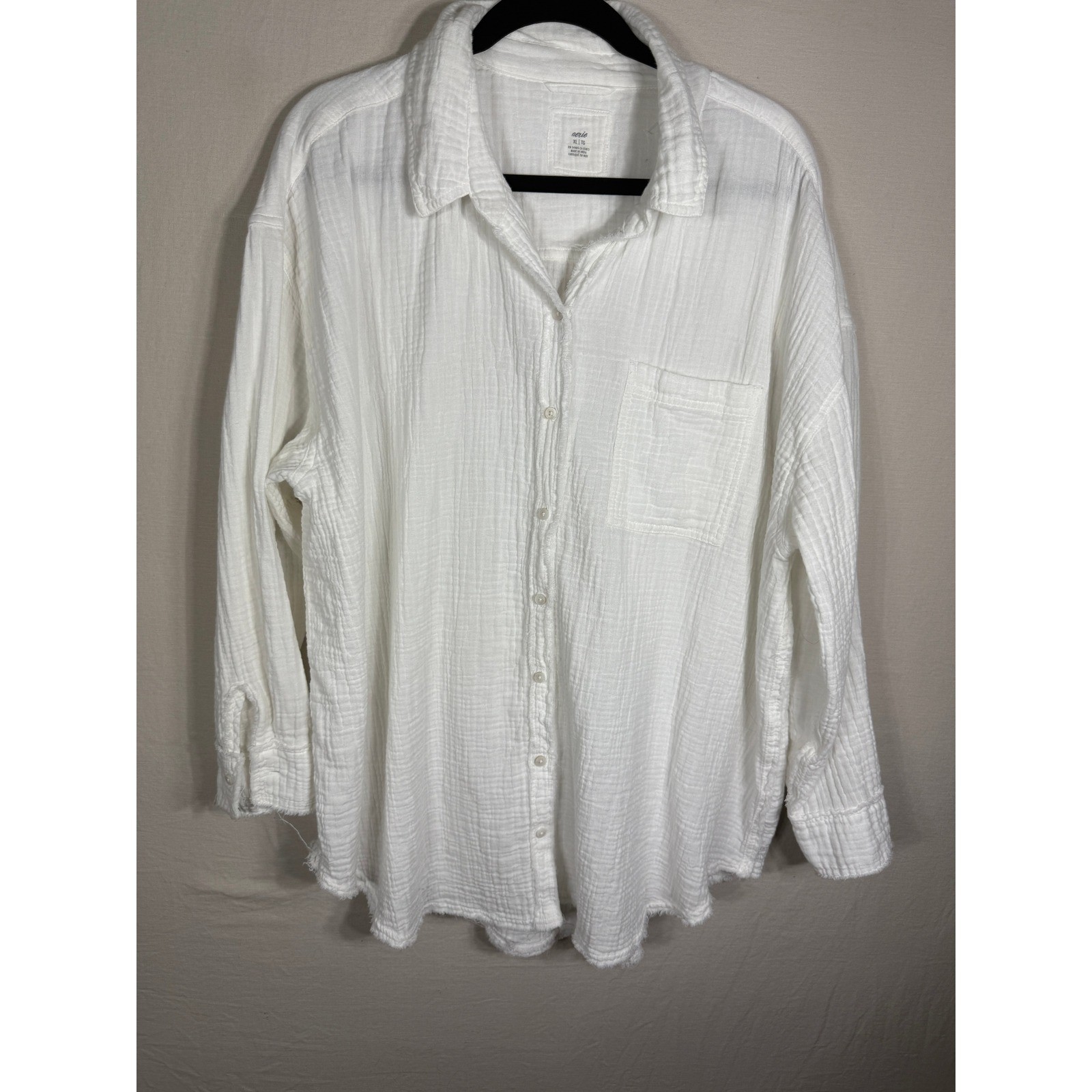 Aerie White Cotton Double Gauze Button Down Shirt Oversized Frayed Hem XL