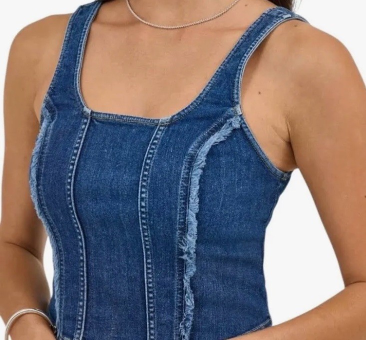 Women XL Lee Heritage Blue Flash Denim Jean Crop Tank Top Denim Fringe Back Zip