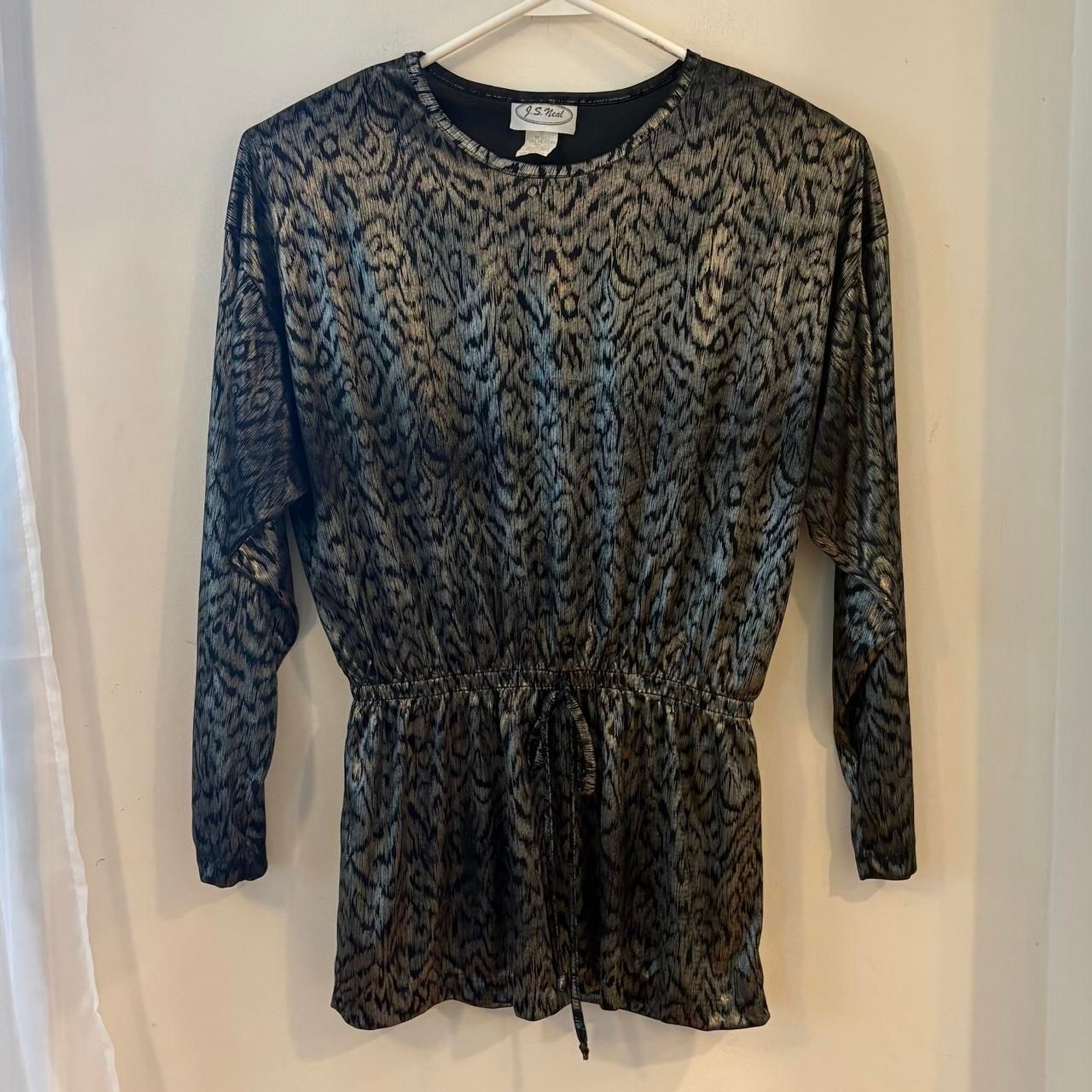 Metallic 80s Silver Long Sleeve Gather Waist Tunic Shoulder Pads Small J S Neal