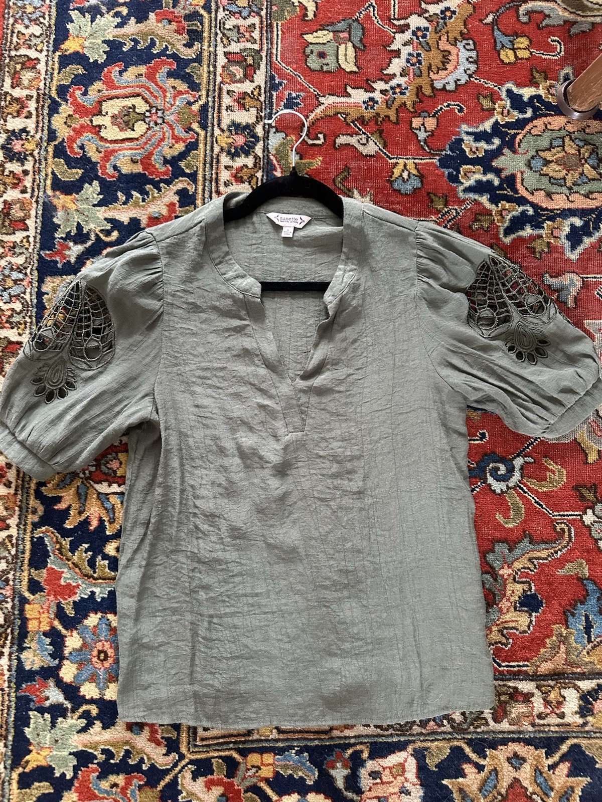 Nanette Lepore Women’s Green Embroidered V-Neck 3/4 Sleeve Woven Blouse S