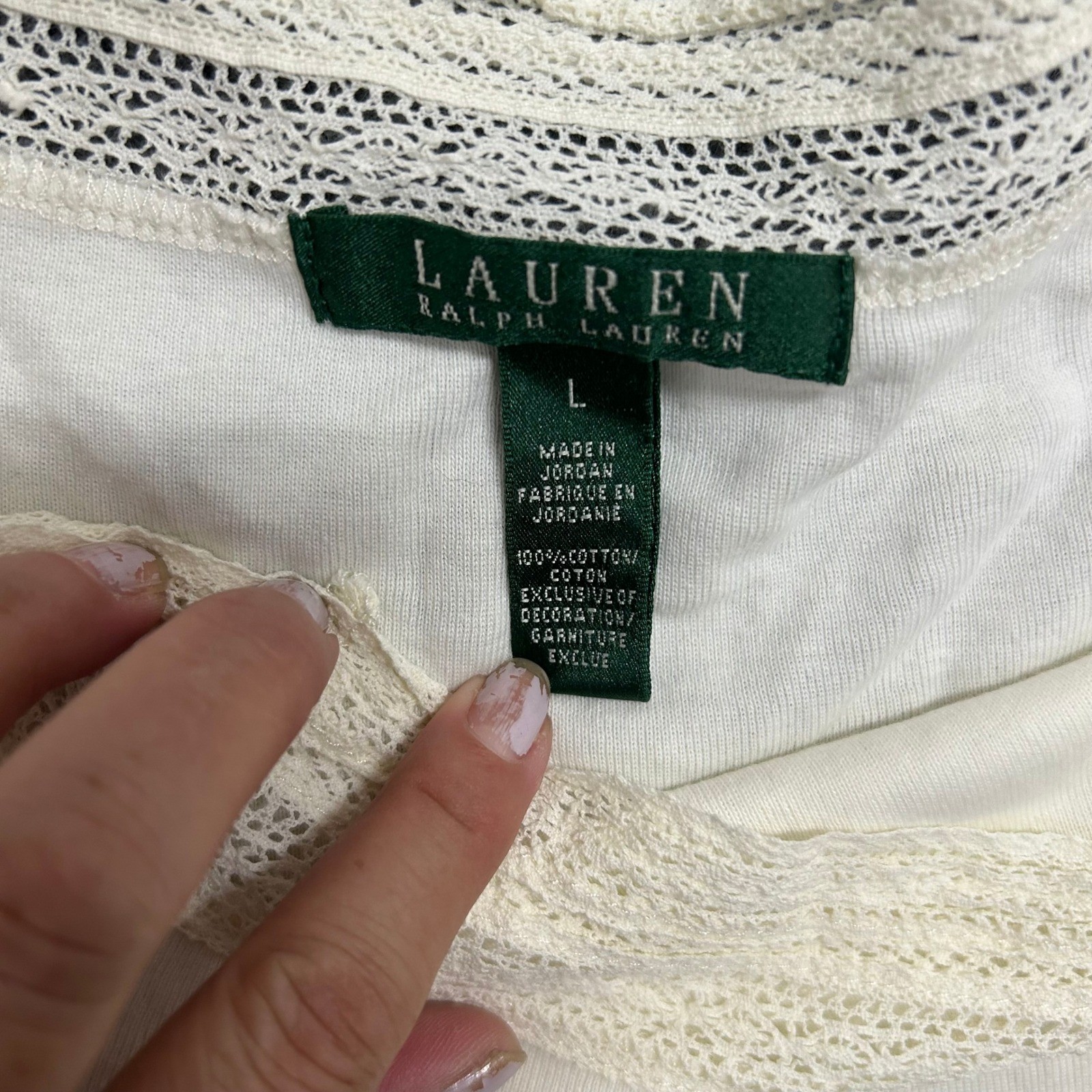 Lauren Ralph Lauren Top Womens Size L Cream Lace Crochet Neck Short Sleeve