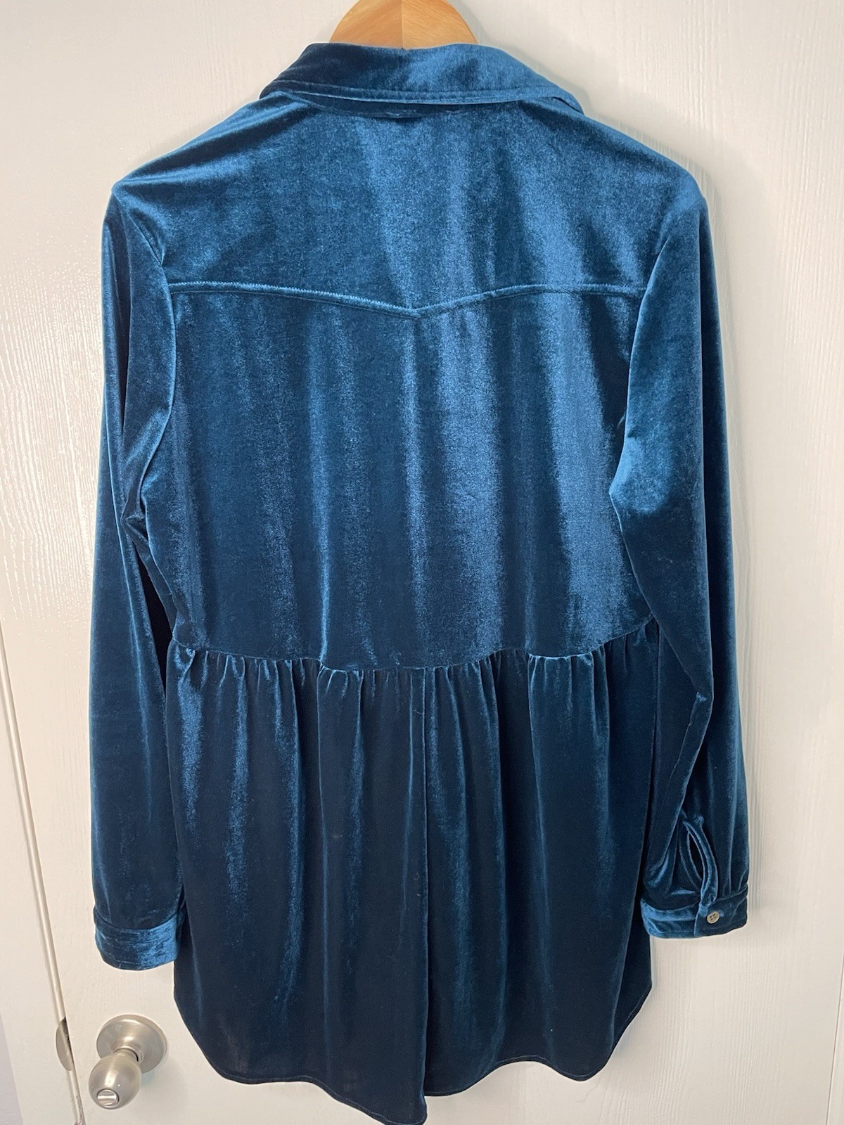 Umgee Womens L Teal Velvet Babydoll Tunic Top Button Up Long Sleeve Boho