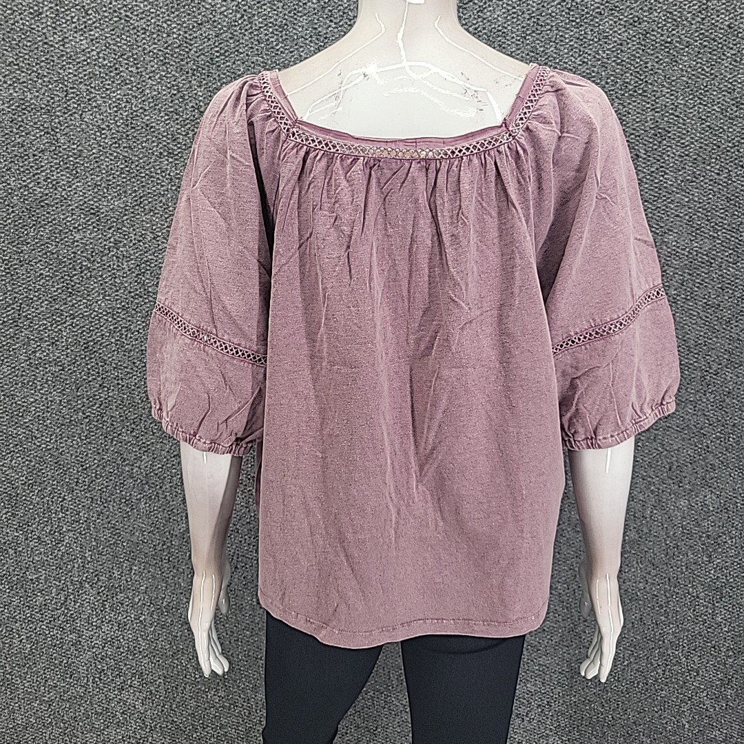 Womens Top Large Size Mauve Peasant Blouse with Square Neck Braided Details