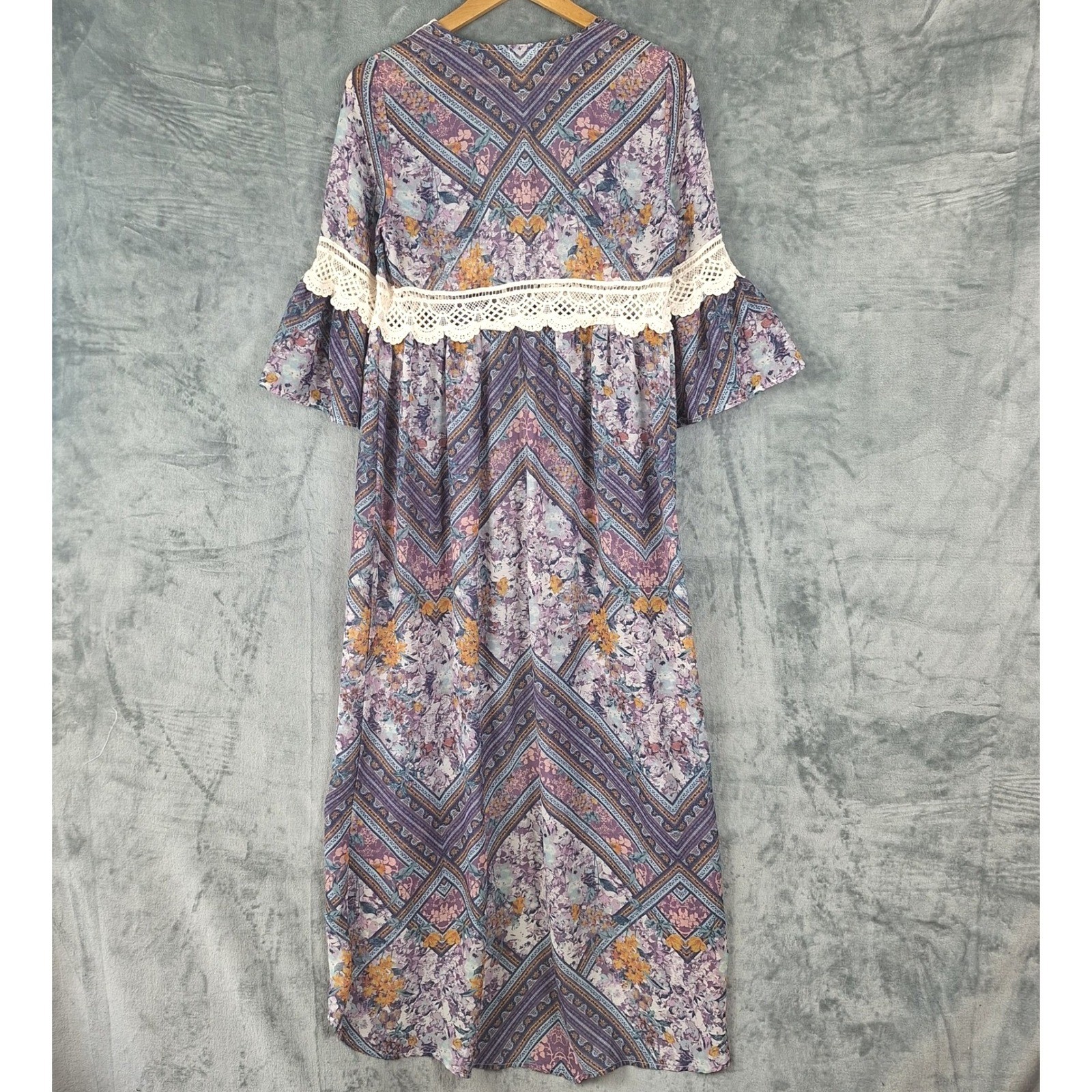 Womens Kimono Medium Boho Floral Patchwork Crochet Duster Festival Tie Front