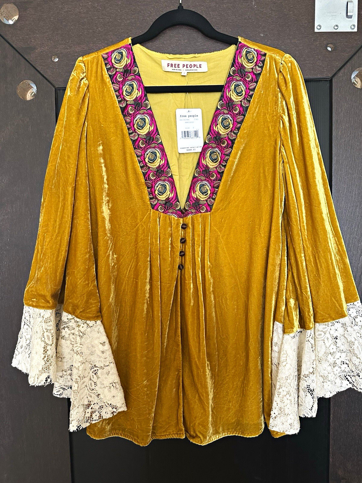 Free People Wanderlust Velvet Jacket Marigold Gold Embroidered Boho Lace size S