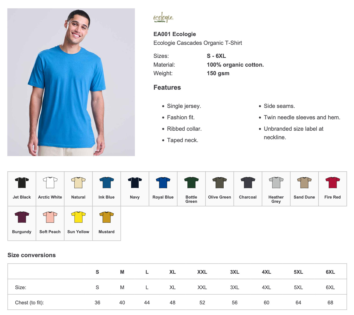 Ecologie Cascades 100% Organic Cotton Tee S – 6XL