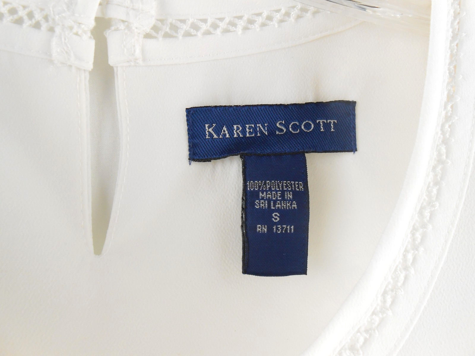Karen Scott Womens S White Short Sleeve Dress Blouse Semi Sheer Crochet Accents