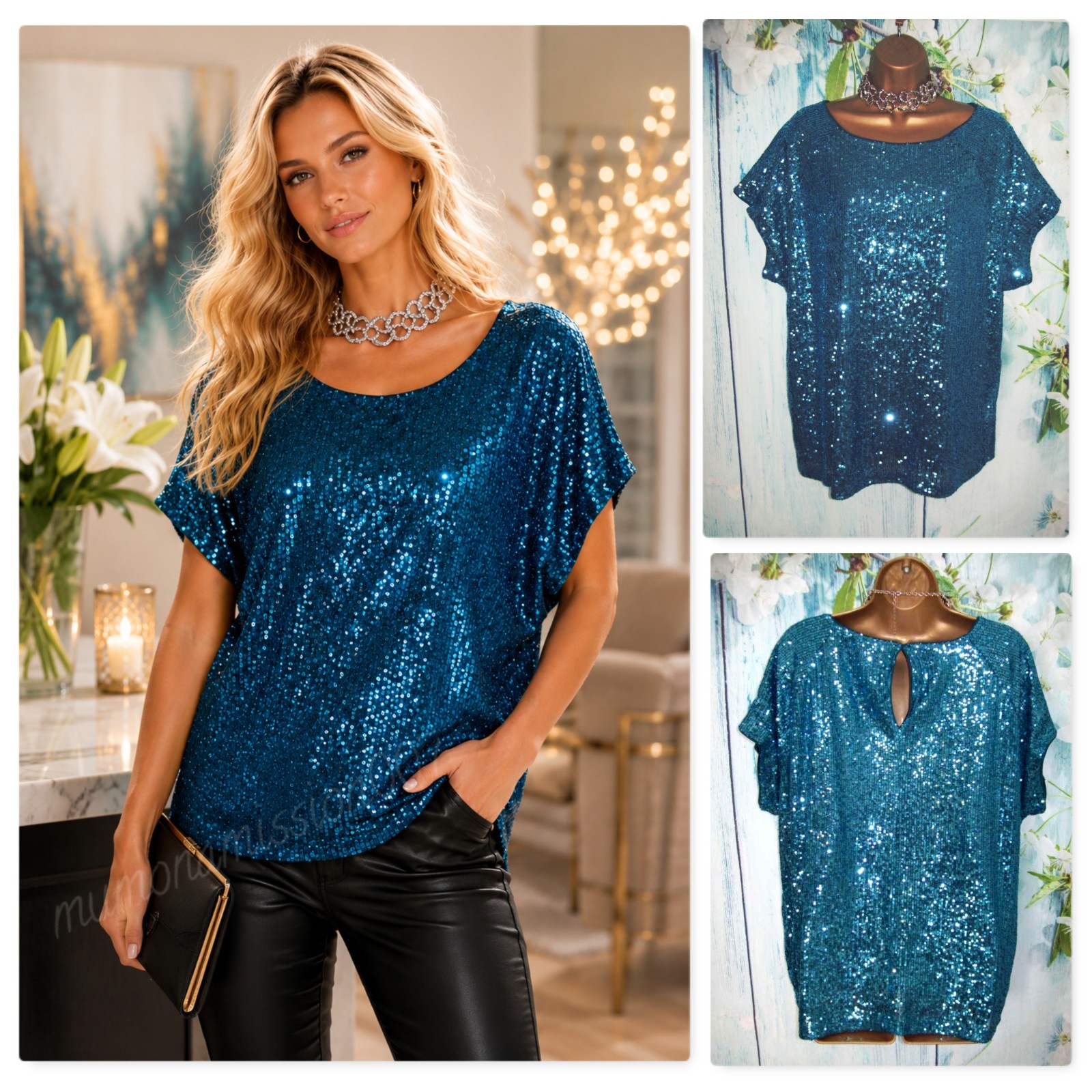 Next Turquoise Sequin Top Size 16 Stretch Sparkly Luxe Party Evening Cruise