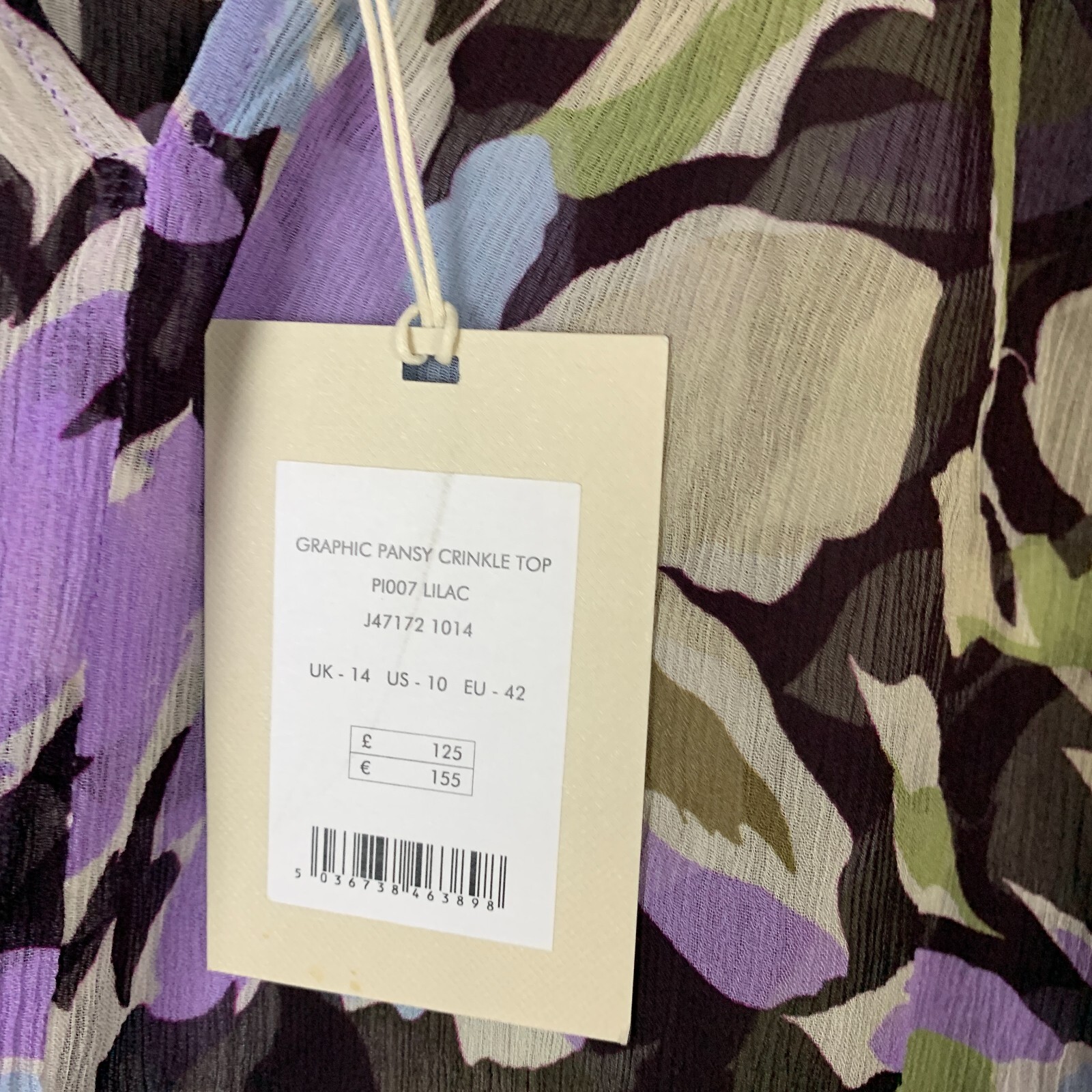 Jigsaw Top Women US 10 Lilac Graphic Pansy Crinkled Blouse UK 14 NWT