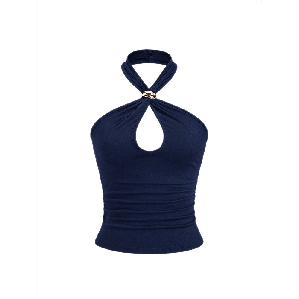 Women Blue Halter Neck Keyhole Ring Front Backless Ruched Tank Top S M L XL