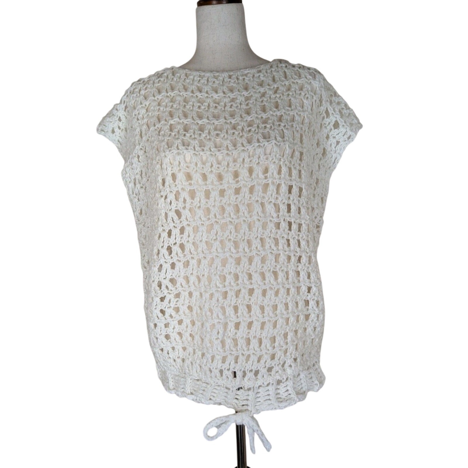 Handmade Open Crochet White Cap Sleeve Top Adjustable Waist Tie Size M/L Boho