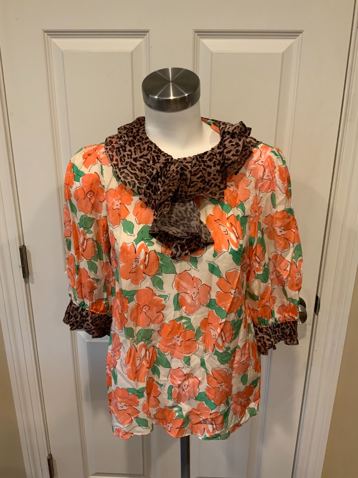 RIXO Pink & White Floral Print Top w/ Ruffle Leopard Ruffle Trim, Size XS