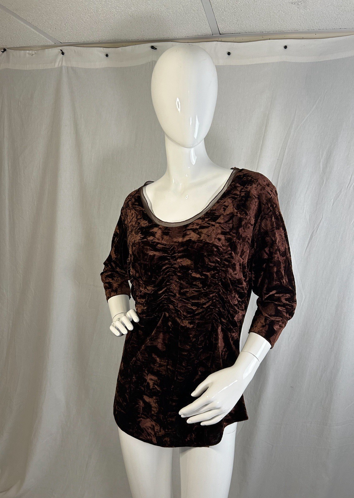 VTG Mob Wife 90s Velour Ruched Mesh Top XL Crushed Velvet Cinched Ruffled Gothic