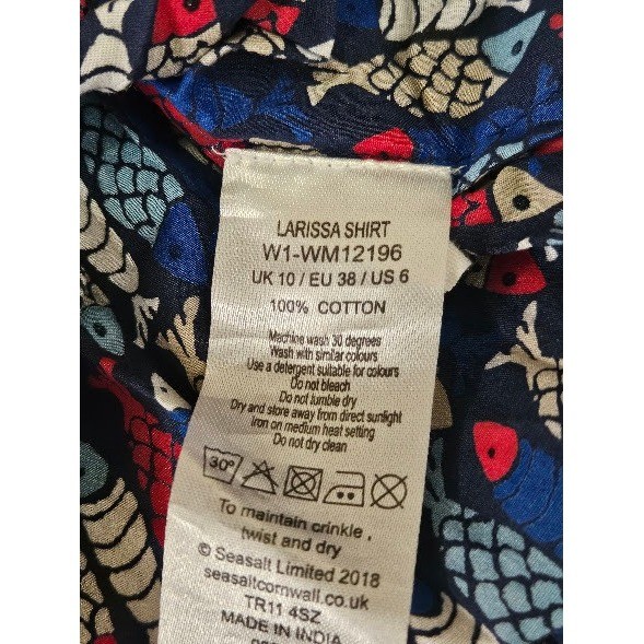 Seasalt Cornwall Larissa Shirt Womens 6 Blue Red Fish Print Cotton Button Top