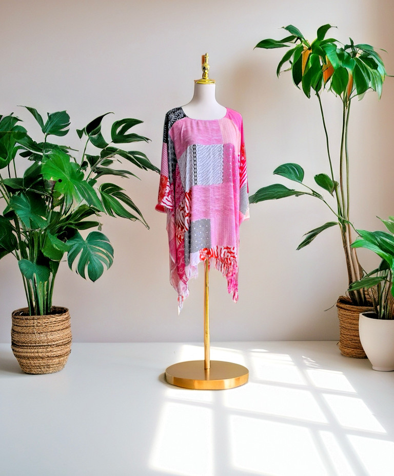 0017/ Bright Pink Color Poncho with fringed, Loose Top, Boho Dress,