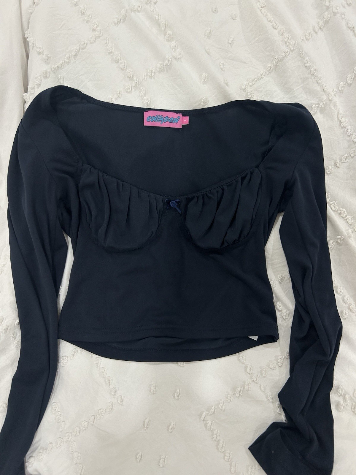 Edikted Black Sheer Chiffon Sweetheart Cropped Blouse Long Sleeve Bow M