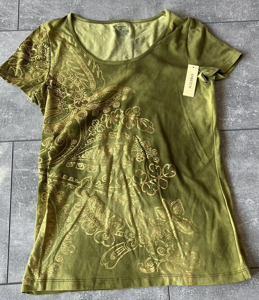 Jones New York Sport Short Sleeve Gold Pattern Top Size Small NWT Stretch