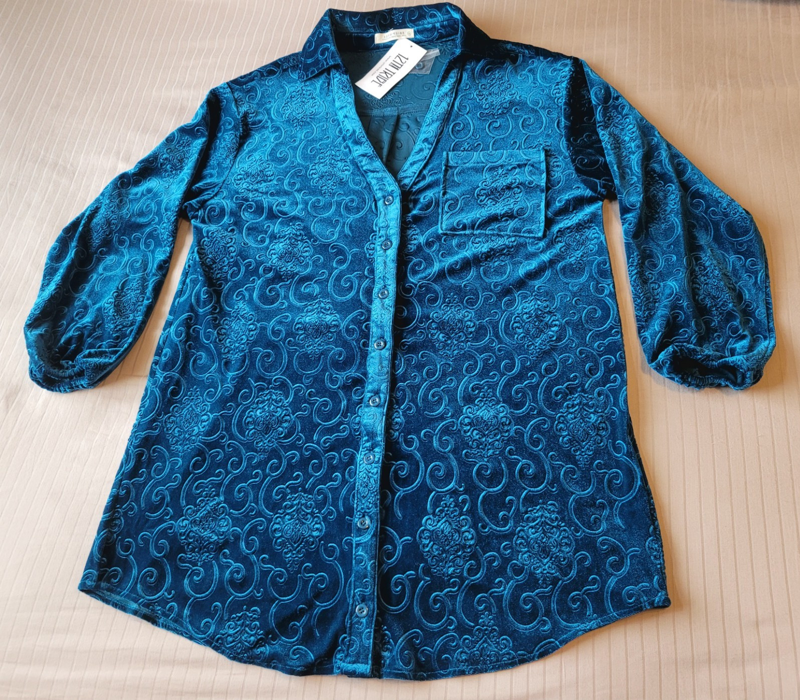 12th Tribe Women’s Blue Velvet Paisley Collared Button-Up Size Small