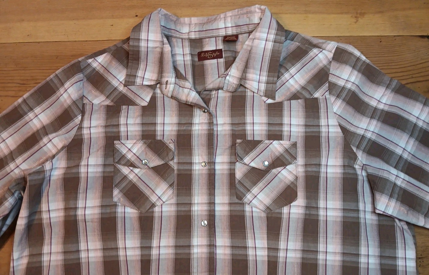 LifeStyle Shirt Womens Plus 4X Crystal Snap Front Brown Metallic Plaid Western