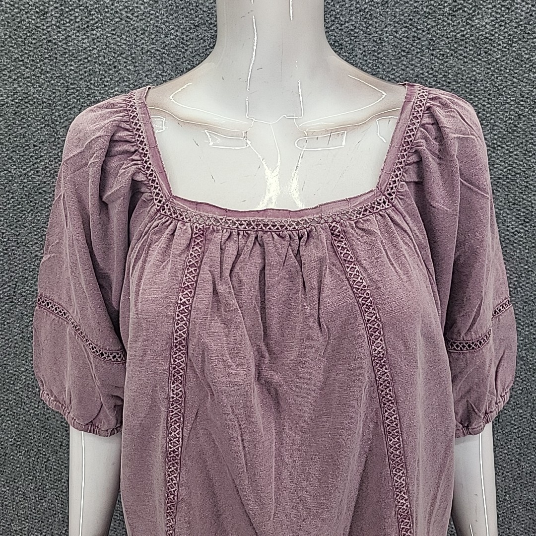 Womens Top Large Size Mauve Peasant Blouse with Square Neck Braided Details