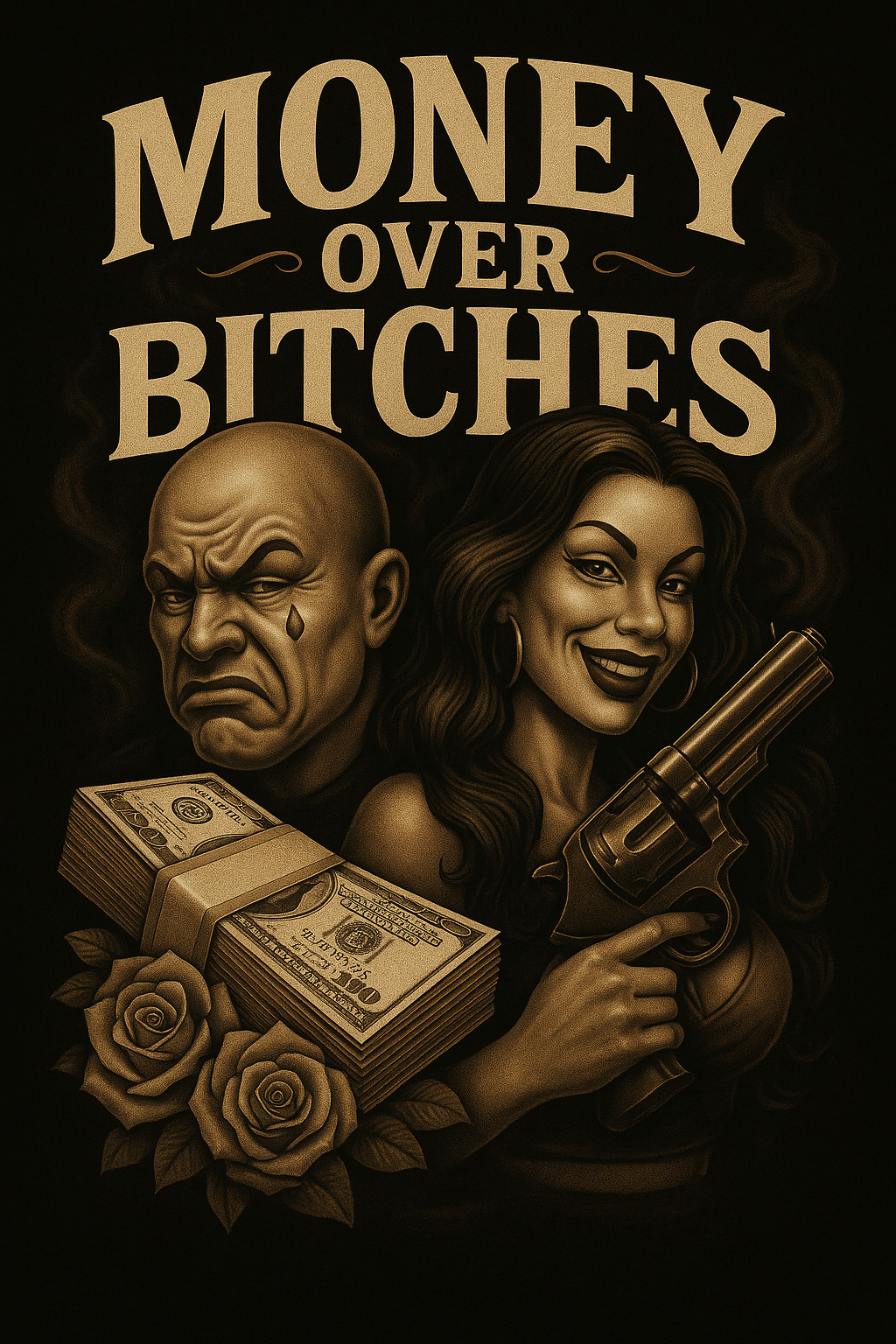 Urban Graphic T-Shirt, Chicano Art, Lowrider, Streetwear, Money Over Bitches Tee