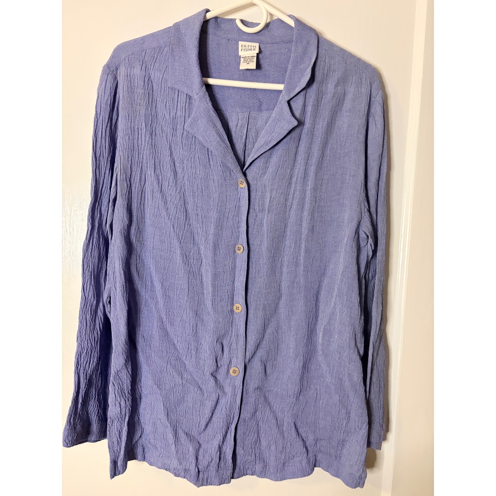 Eileen Fisher Womens Medium Periwinkle Blue Crinkle Rayon Button Front Blouse