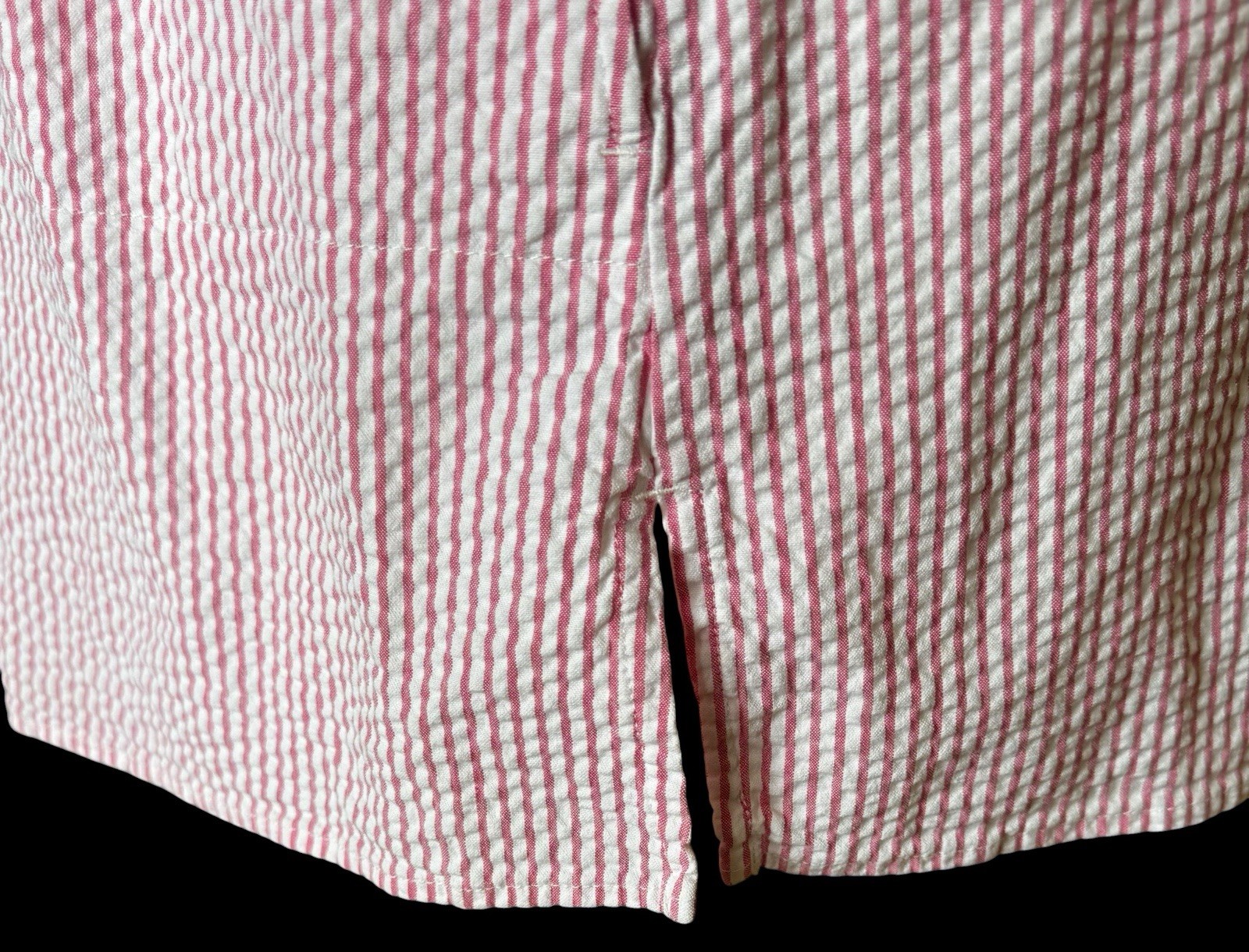 Denim Co Seersucker Button Front Big Shirt Pink White Roll Tab Long Sleeves 1X