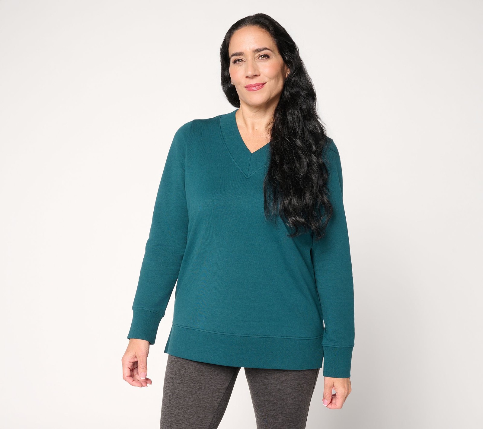 Denim & Co. Active Brushed Back French Terry V-Neck Top Mallard Green M New
