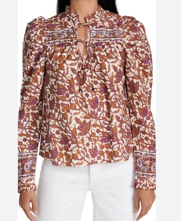 LOVE THE LABEL Anthropologie Mabel Top With Ties Ruffles Brown & Purple Size M
