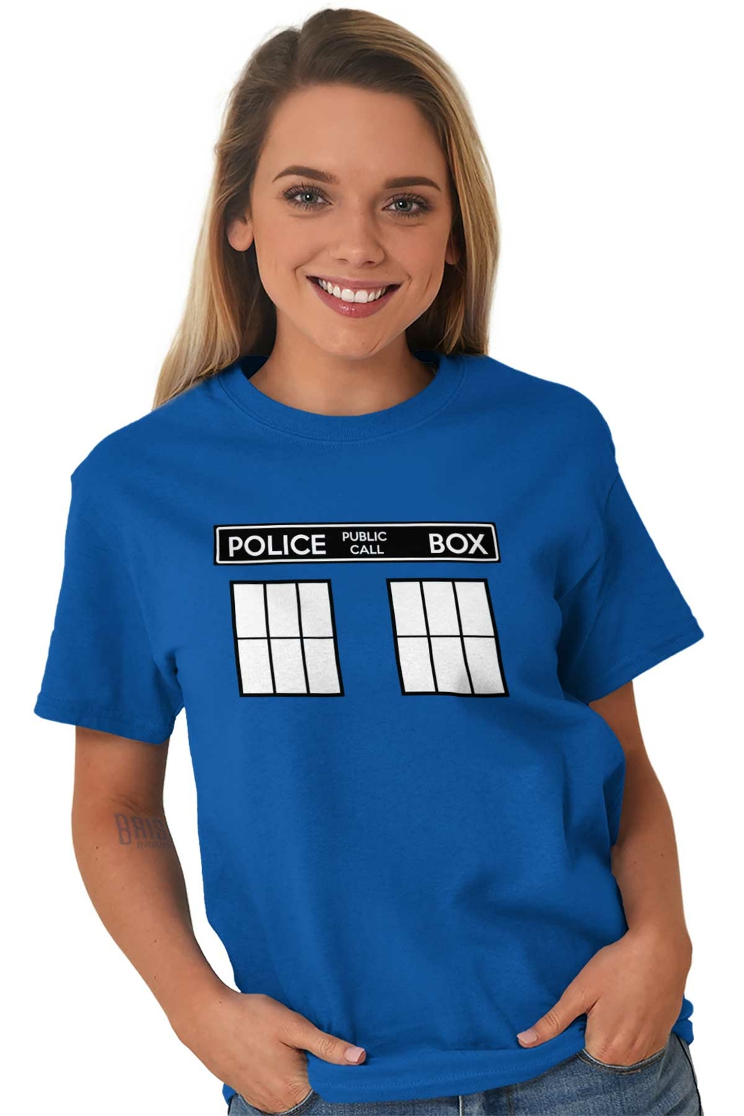 Police Box Time Travel Machine Who TV Show Womens or Mens Crewneck T Shirt Tee