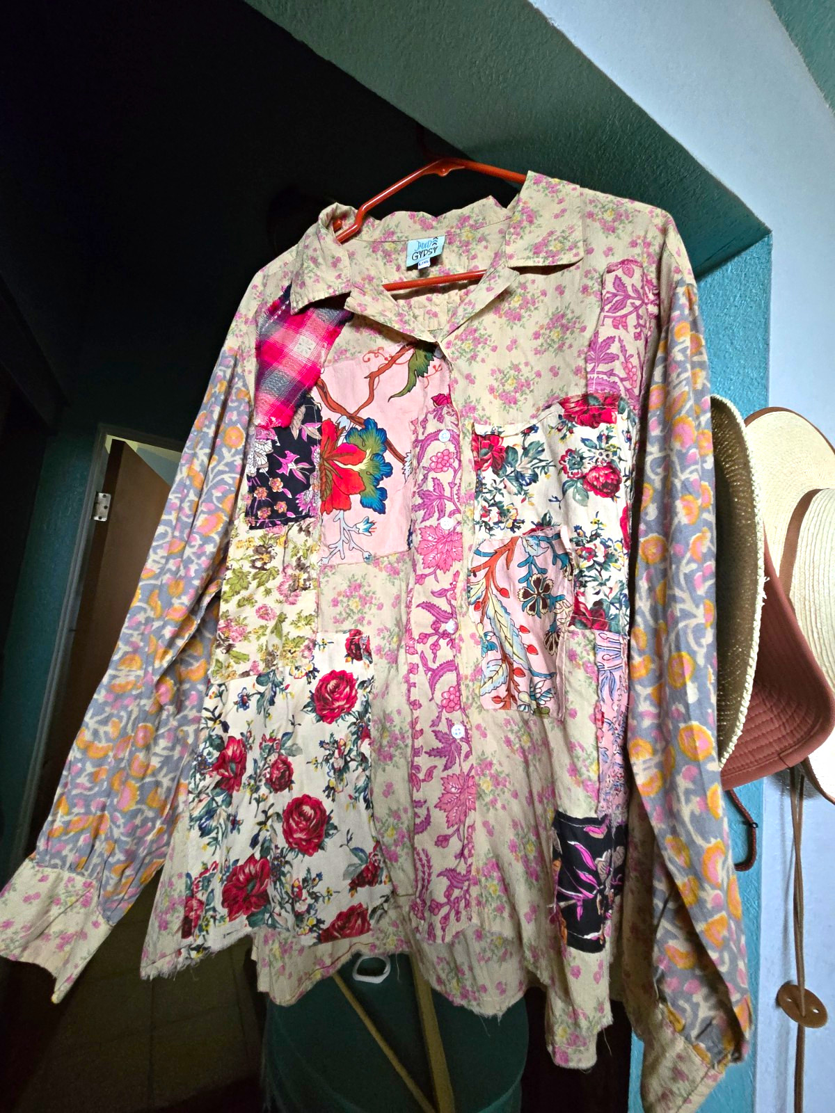 Jaded Gypsy L/XL Women’s Patchwork Multicolor Cotton Button-Up Shirt W/Pockets