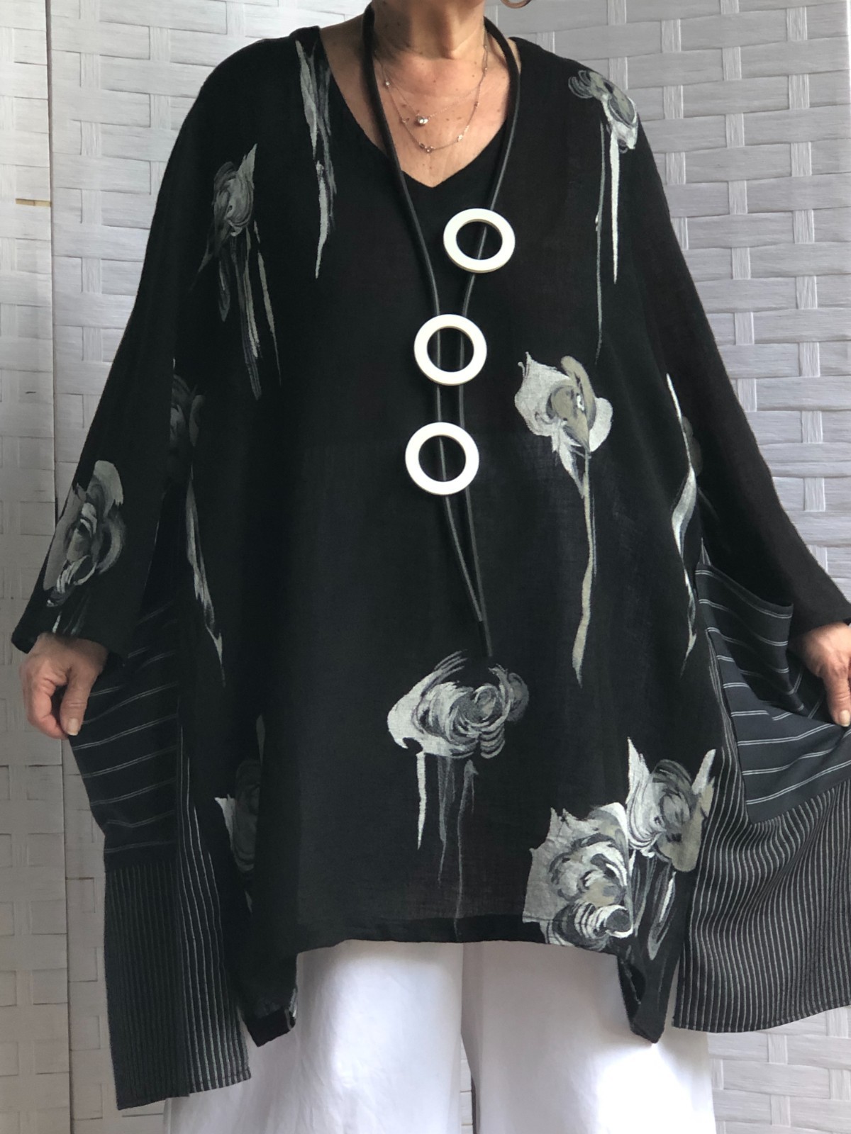 Lagenlook Asymmetric Artsy Boho Upcycle Linen Floral Black Tunic Necklac OSFM