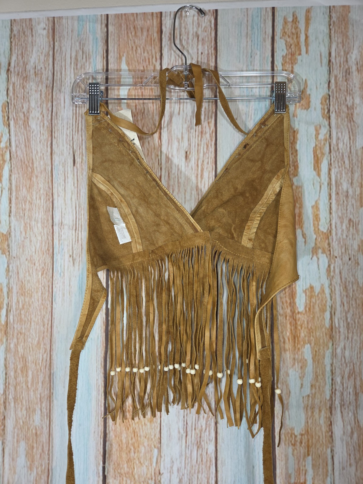 Whiskey Ray’s Boutique Tan Suede Leather Beaded Fringe V-Neck Halter Top L