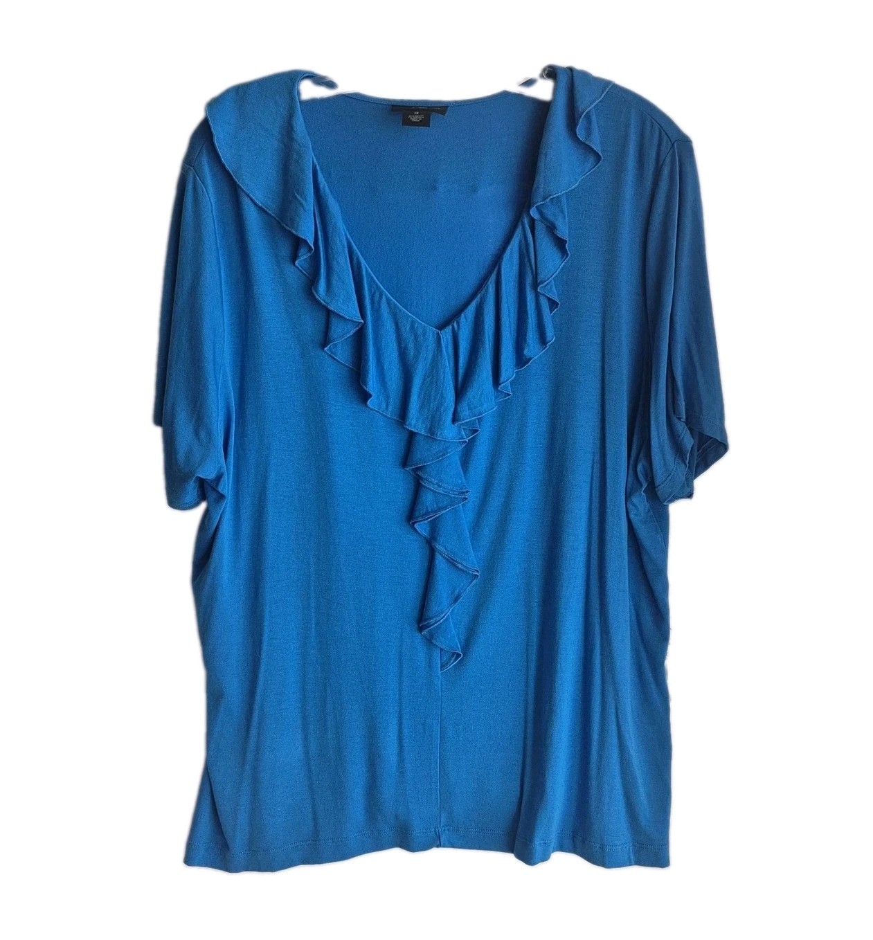 Nue Options Women’s Ruffle Front Blue Short Sleeve Top Size 1X Career NEW