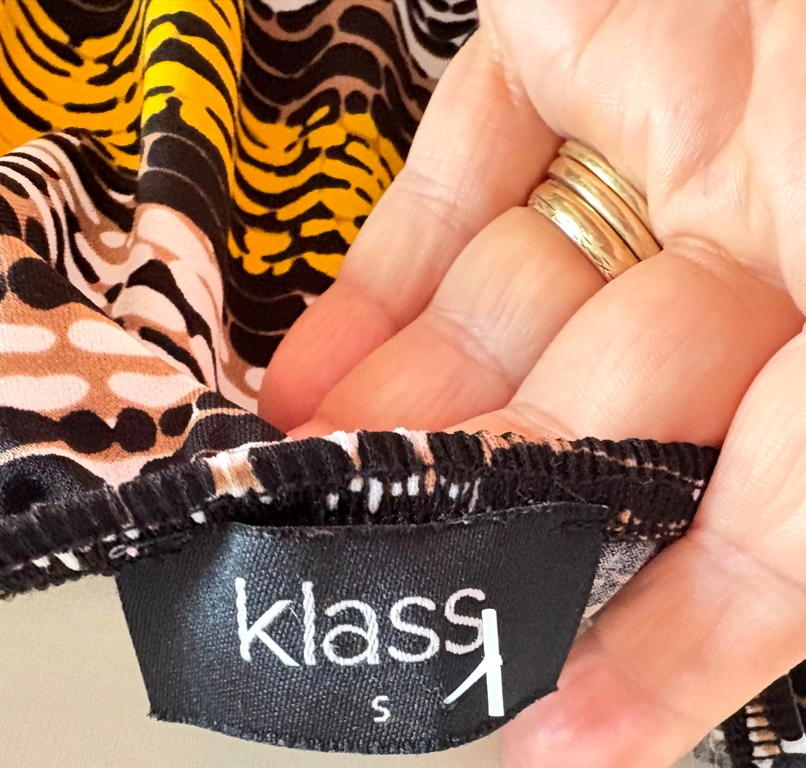 BNWOT Ladies KLASS Strappy YELLOW Brown BLACK & WHITE Mix COLD SHOULDER Blouse S