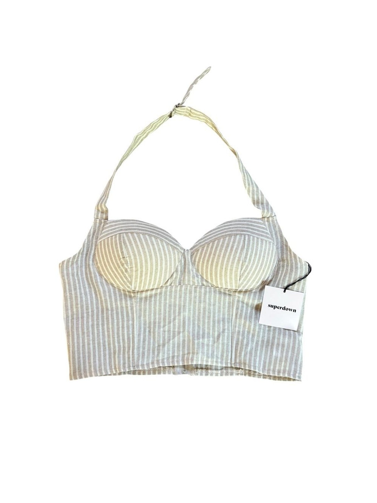 Revolve Superdown Rudy Halter Top Beige White Striped Womens Medium NEW With Tag